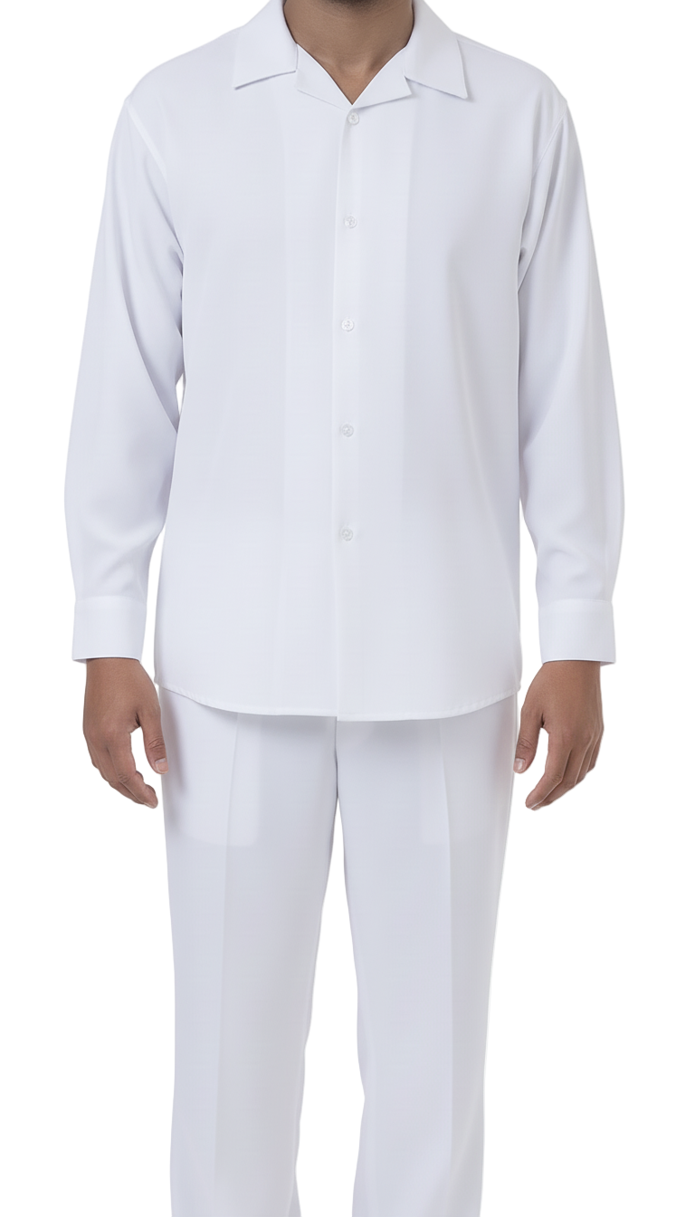 Solid white Long Sleeve Walking Suit 2 Piece Set shirt showing collar and front buttons.