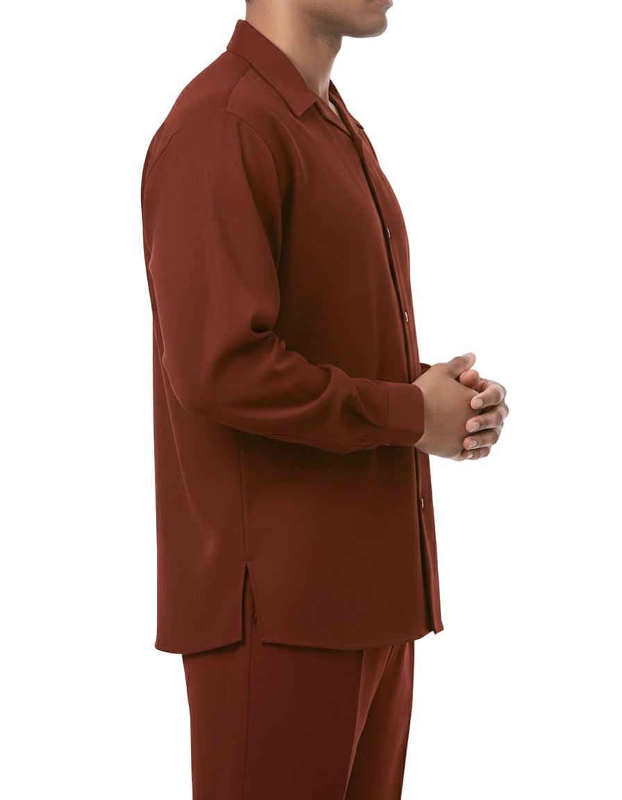 Brown suit worn by a person on a white background