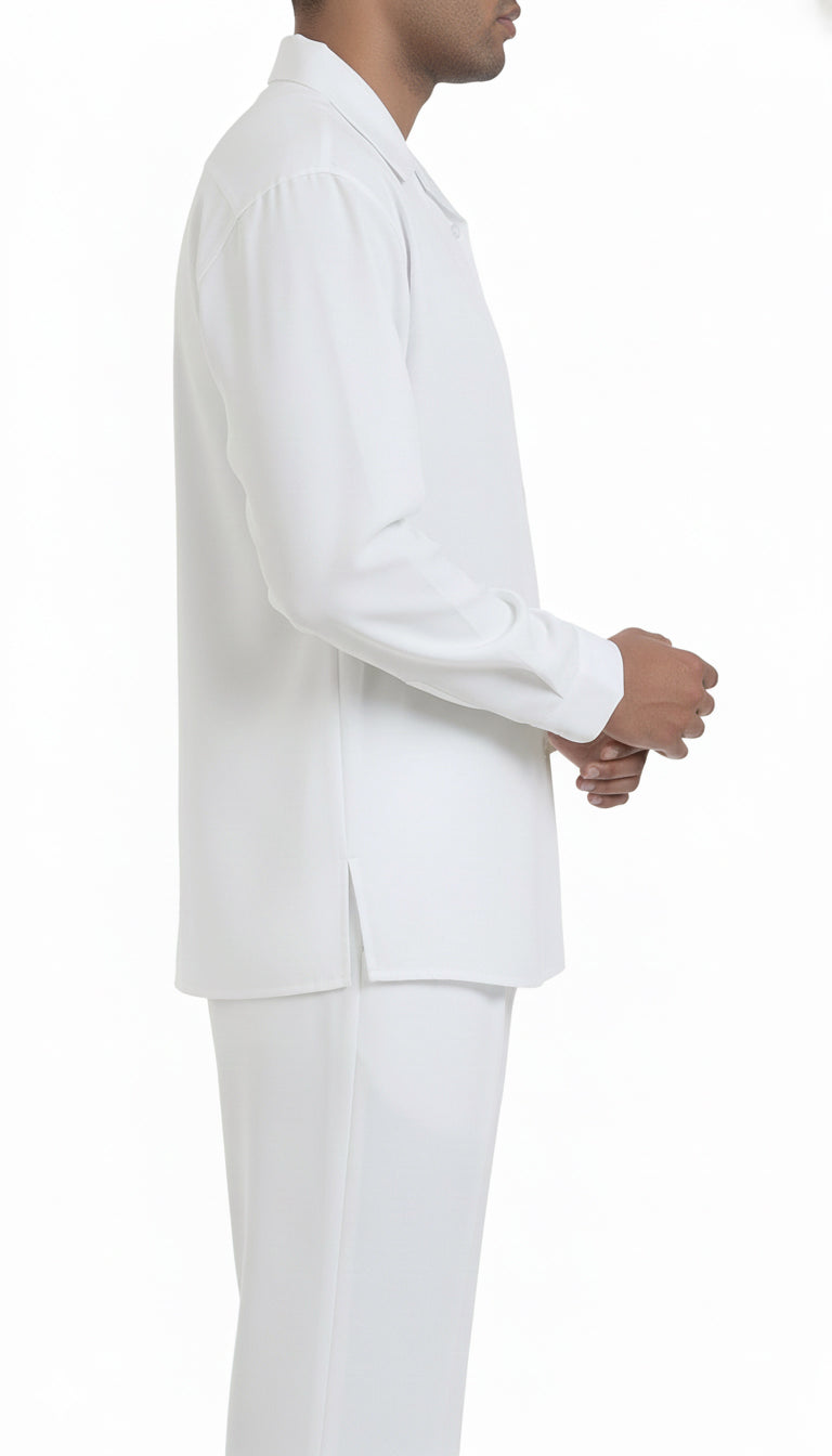 Solid white Long Sleeve Walking Suit shirt, showing collar, buttons, sleeve, and pocket details.