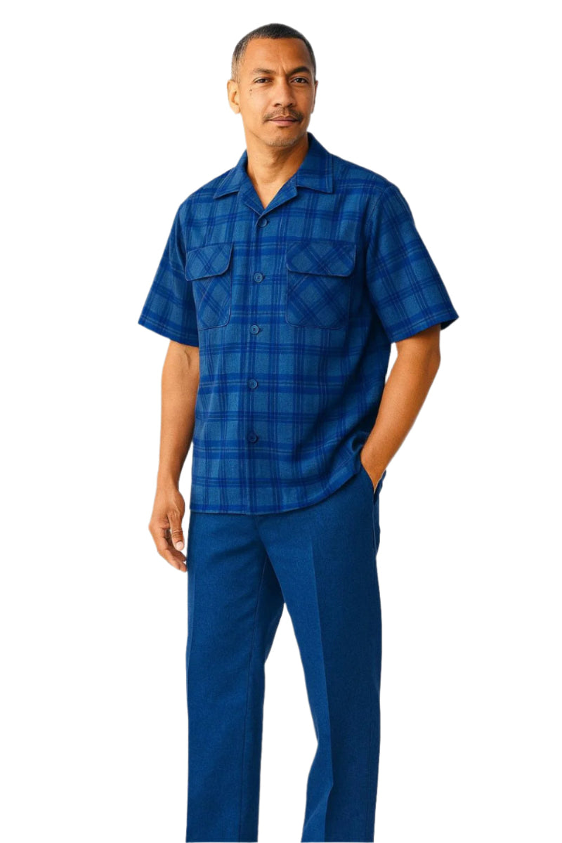 Navy plaid 2 piece men's walking suit with long pants