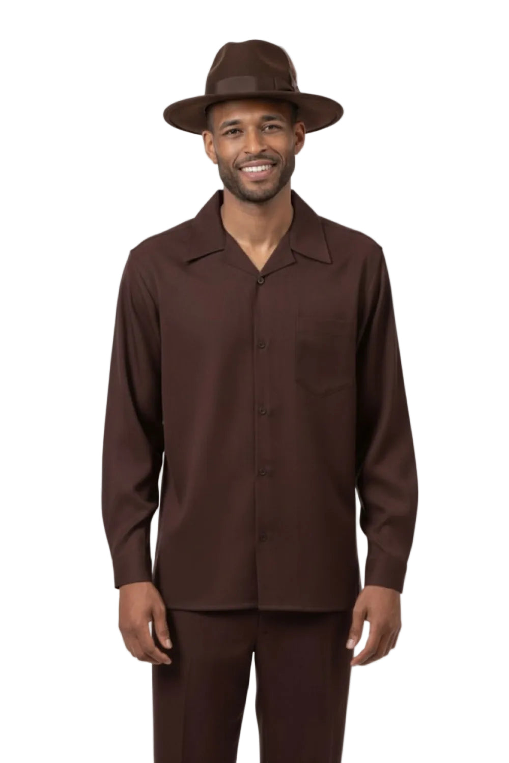 Man wearing a brown suit and hat on a white background