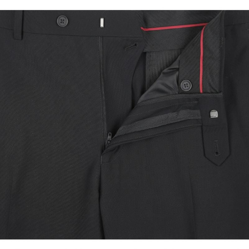 Close-up of black trousers showing the waistband, front zip closure, and a side pocket with a red contrast stitch detail.