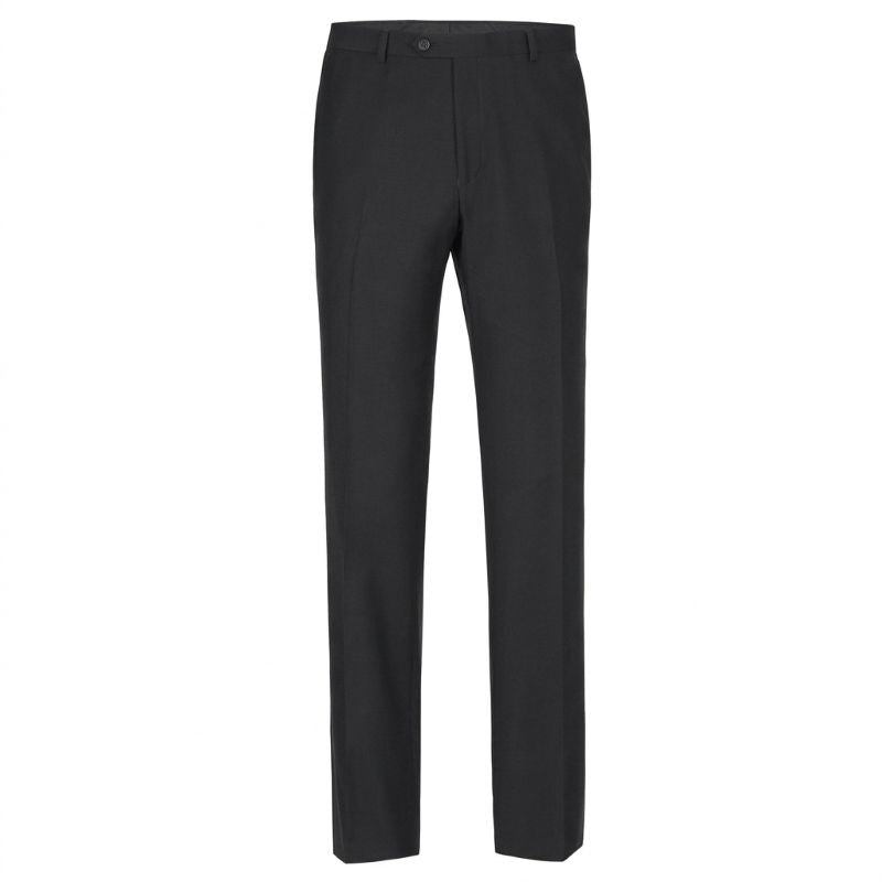 A pair of dark charcoal gray dress pants shown flat against a solid white background.