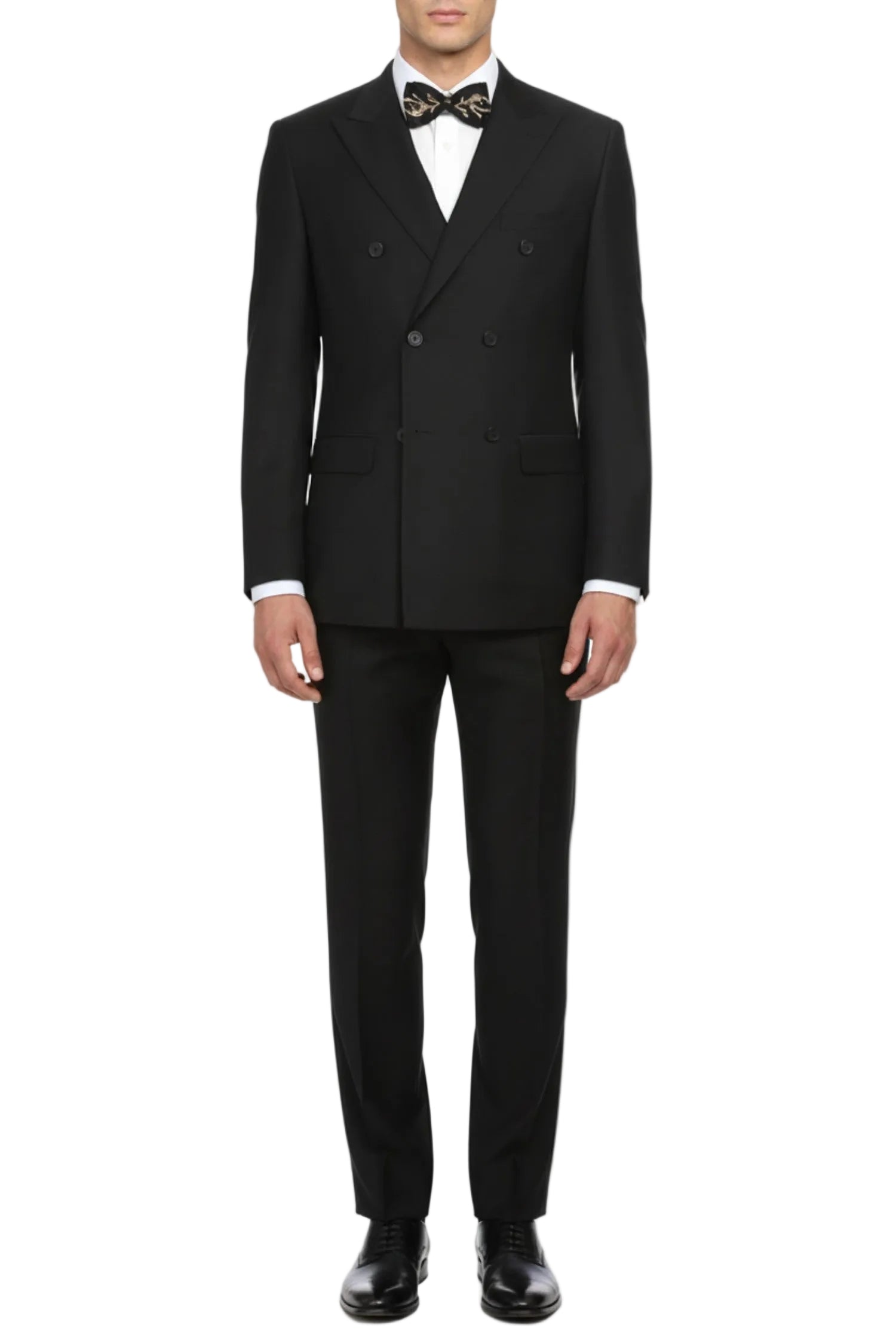 Black tuxedo jacket and pants with a white shirt and bow tie on a white background