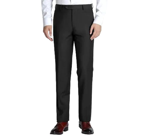 A person wearing black dress pants with a white dress shirt and dark brown dress shoes, shown from the waist down on a plain white background.