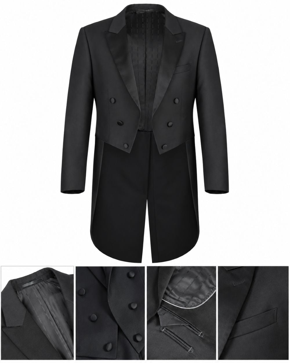 A black double-breasted tuxedo-style coat with satin lapels, shown on a white background with three detail inset images along the bottom showing the interior lining, front buttons, and lapel construction.
