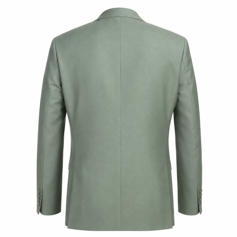 The back view of a men's suit jacket in a muted sage green color, shown on a plain white background.