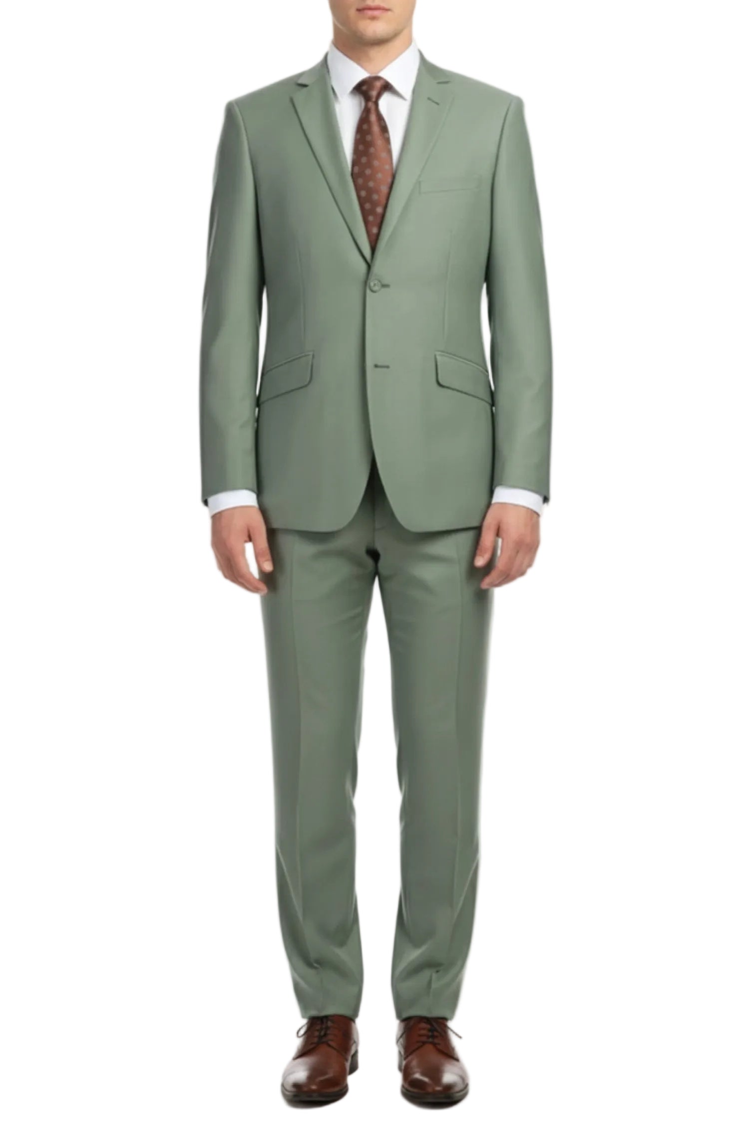 Green suit with a white shirt and brown shoes on a white background