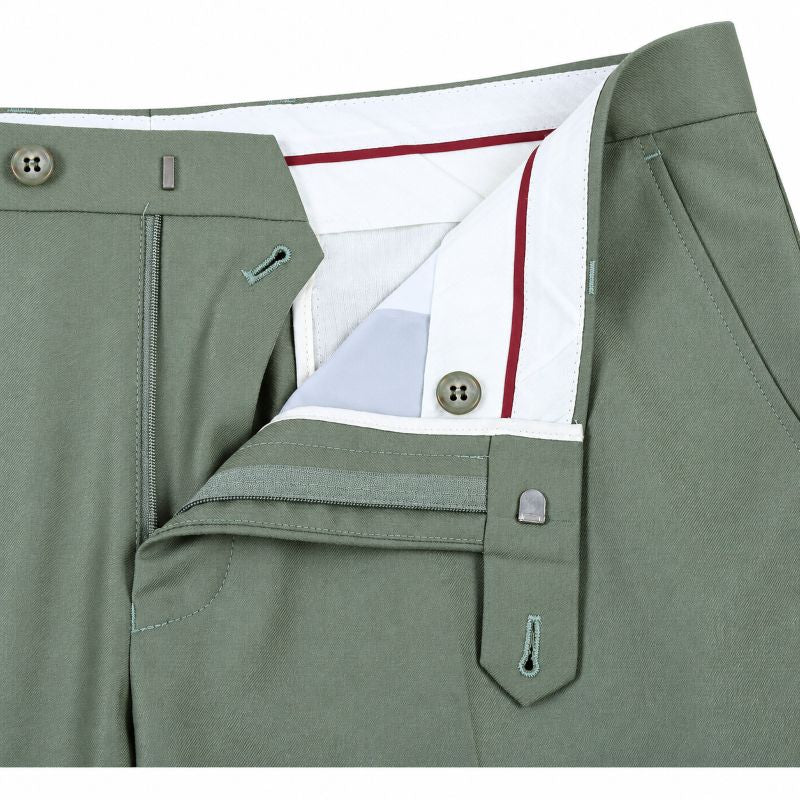 Close-up of olive green trousers showing the waistband, front button closure, side pocket, and white inner lining with red stripe detail.