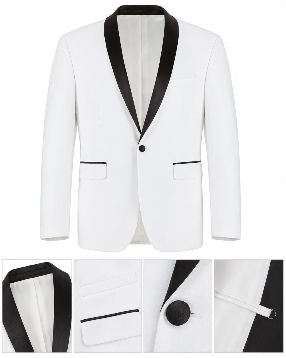 White men's blazer with black satin shawl collar trim, single button closure, and matching black piping details on the pocket edges, shown on a white background with three detail inset images at the bottom.