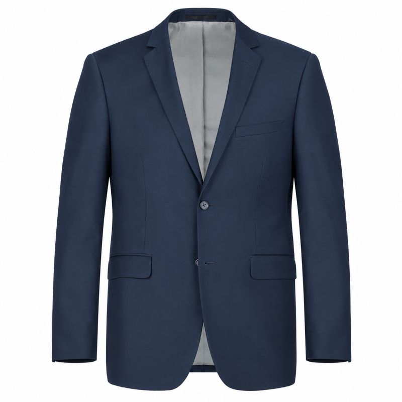 A navy blue men's suit jacket with a two-button front closure, displayed on a clean white background.