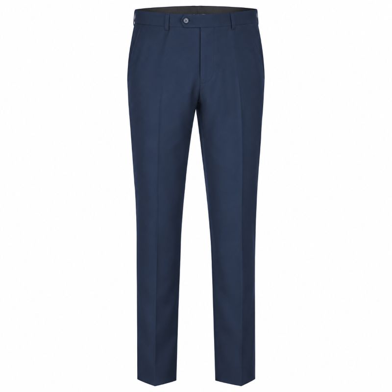 A pair of navy blue dress pants shown flat against a solid white background.