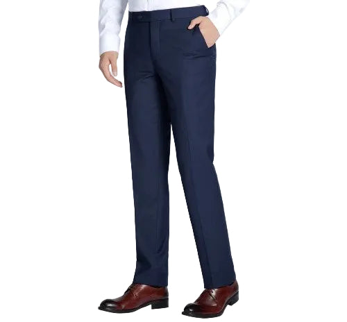 Navy blue dress pants worn by a person on a white background