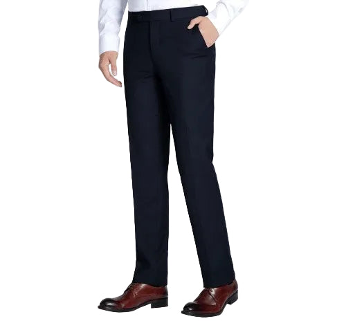 A person wearing dark navy dress pants with a white dress shirt and brown leather dress shoes, shown from the waist down on a plain white background.