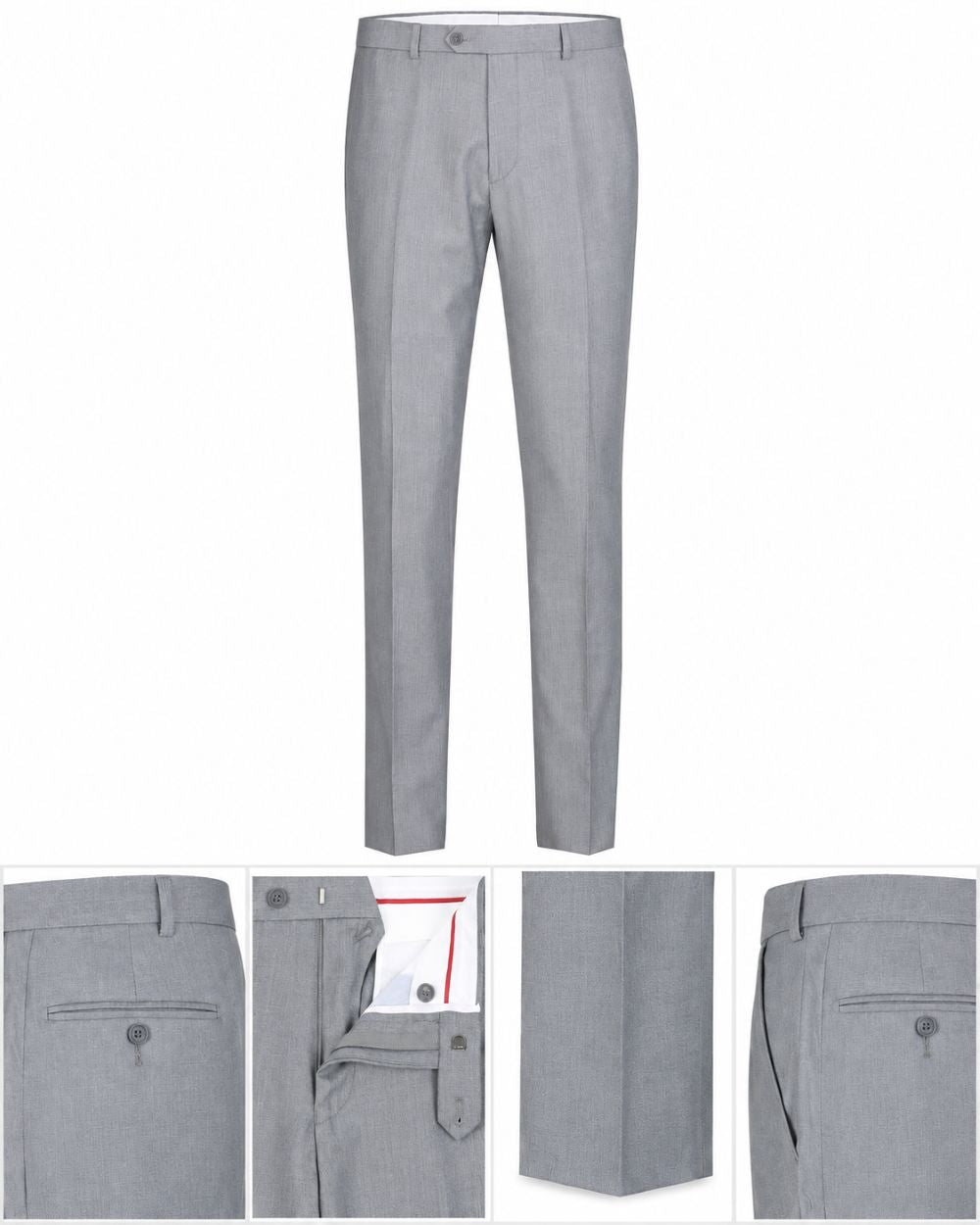 Light gray slim-fit dress pants shown on a white background, with a main full-length view and four detail inset views at the bottom highlighting the waistband, pocket, front crease, and back pocket.
