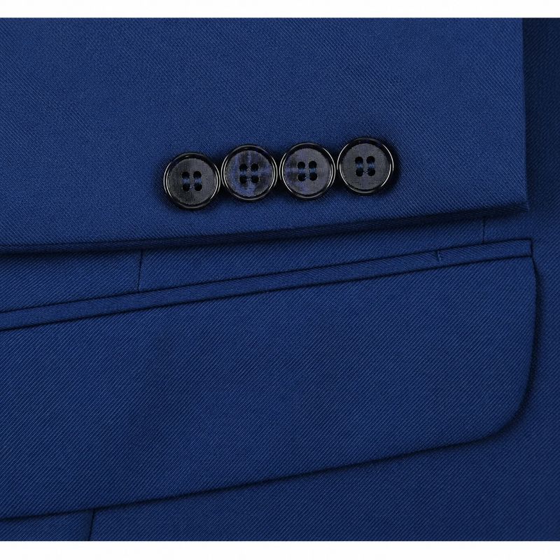 Close-up of a royal blue suit jacket fabric showing a pocket flap with four dark buttons and a stitched pocket below.
