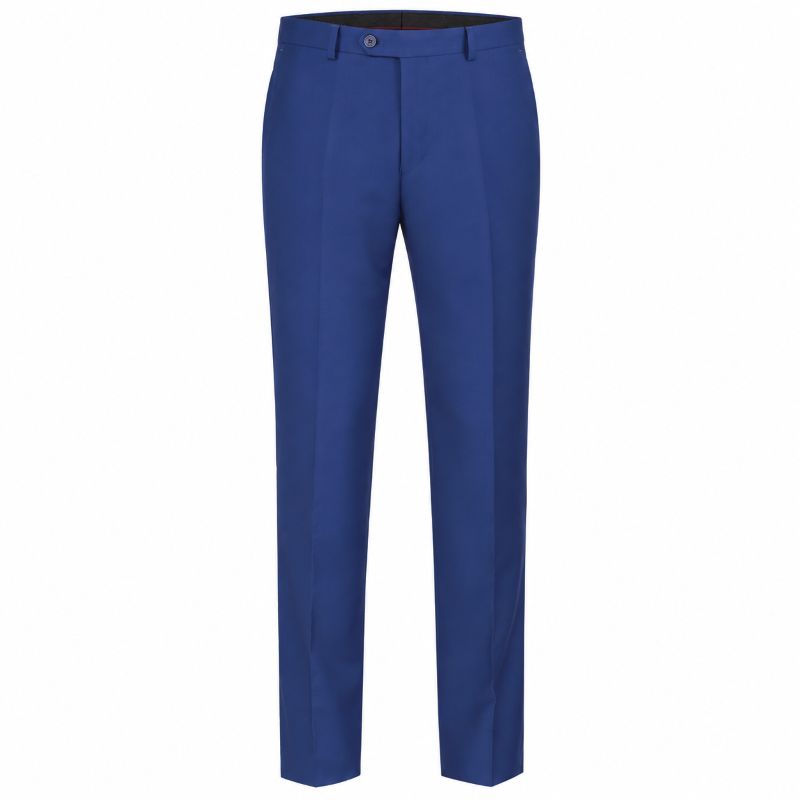 A pair of men's slim-fit trousers in a solid medium blue color, shown flat against a plain white background.