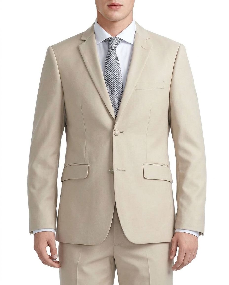 A man wearing a light beige suit jacket and matching trousers, styled with a white dress shirt and a gray patterned tie, against a plain white background.