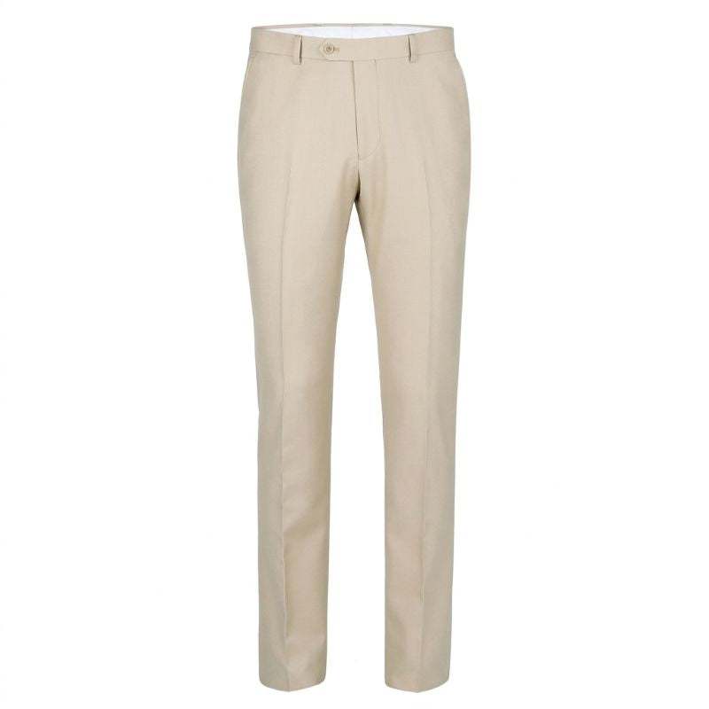 A pair of men's straight-leg trousers in a light beige or khaki color, shown on a plain white background.