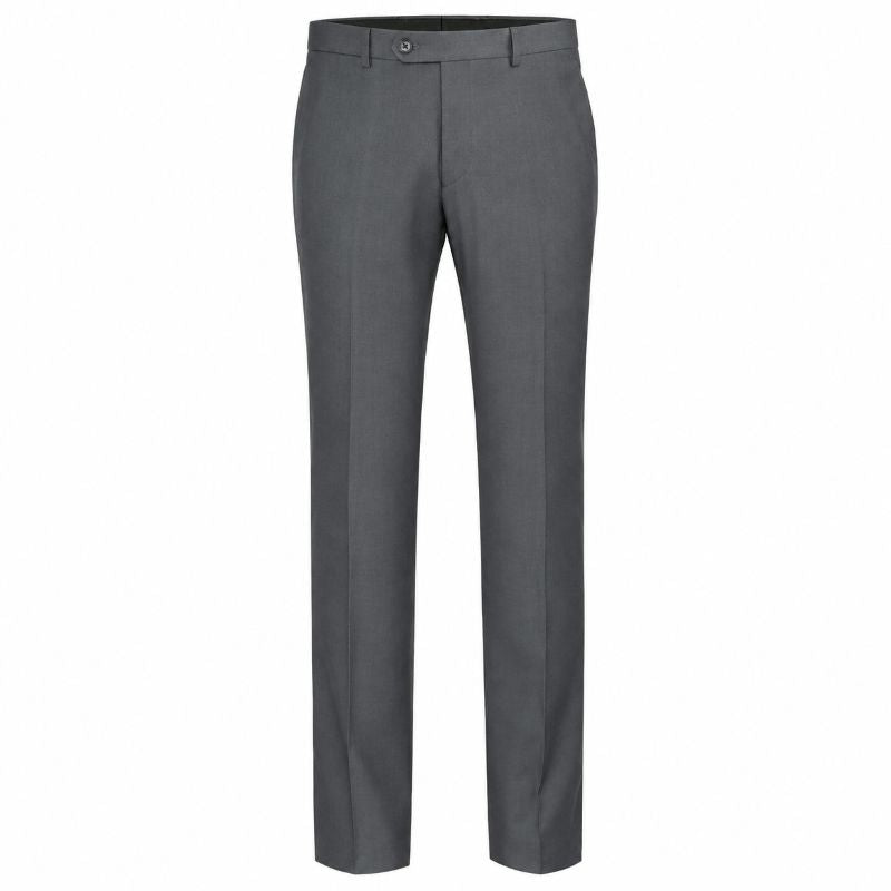 A pair of men's gray dress pants shown flat against a solid white background.