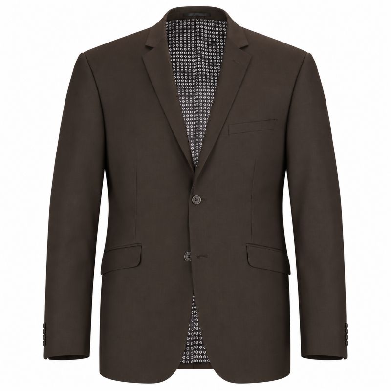 A dark brown men's blazer with notch lapels, two front buttons, and flap pockets, shown against a plain white background.