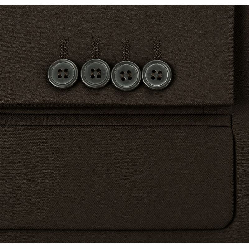 Close-up detail of a dark brown textured fabric item featuring a row of four dark gray buttons on the upper flap.