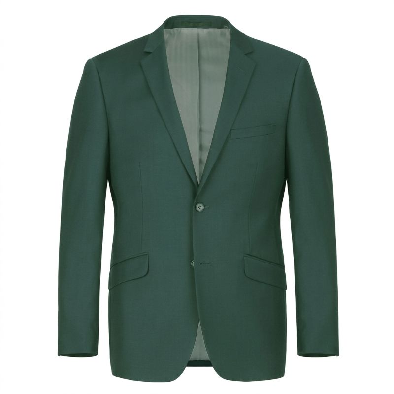 A dark green two-button suit jacket displayed on a clean white background.