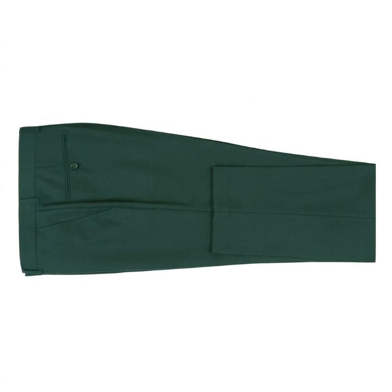 A pair of dark green dress pants laid flat on a solid white background, showing the front waistband with a button closure and a large front patch pocket.