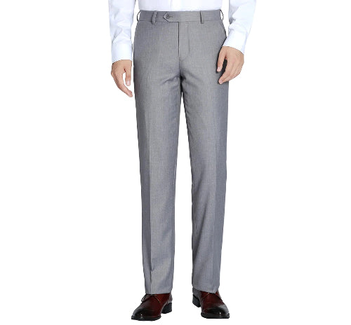 A person wearing light gray dress pants with a white dress shirt and dark brown dress shoes, shown from the waist down on a plain white background.