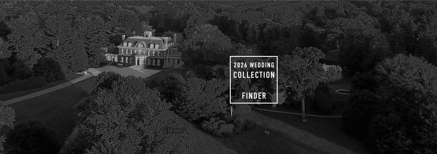 Aerial view of a large house surrounded by trees with '2024 Wedding Collection Finder' text overlay.
