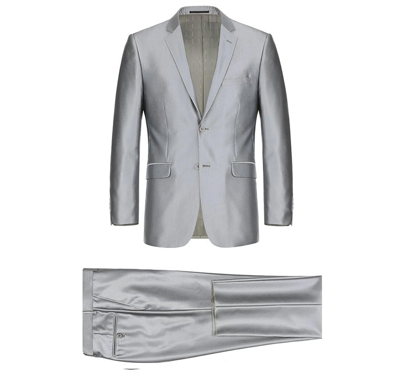 Gray Slim Fit Sharkskin Italian Styled 2 Piece Suit