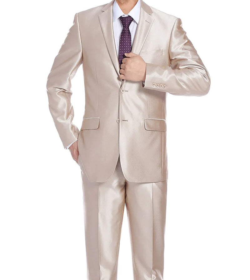 Beige Slim Fit Sharkskin Italian Styled 2 Piece Suit
