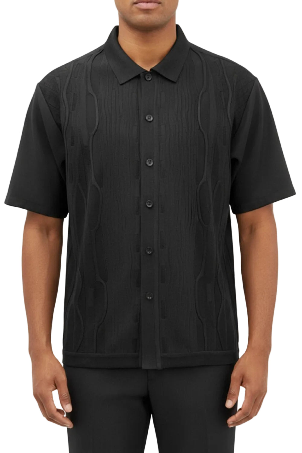 Man wearing a black textured short-sleeve shirt on a white background