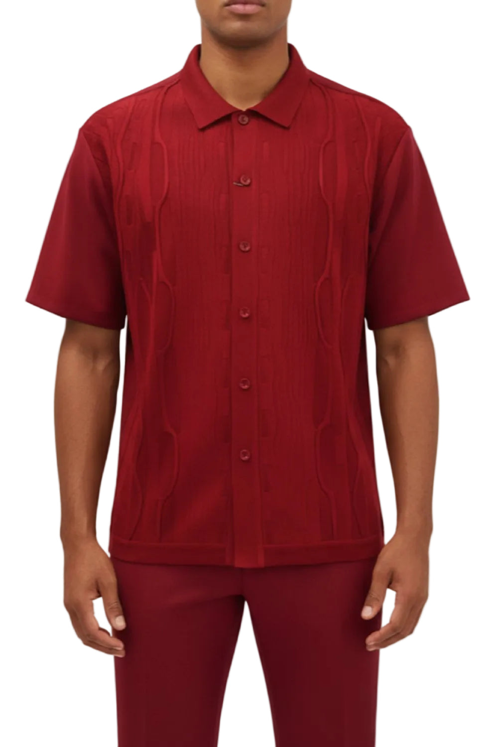 Red textured shirt worn by a person on a white background