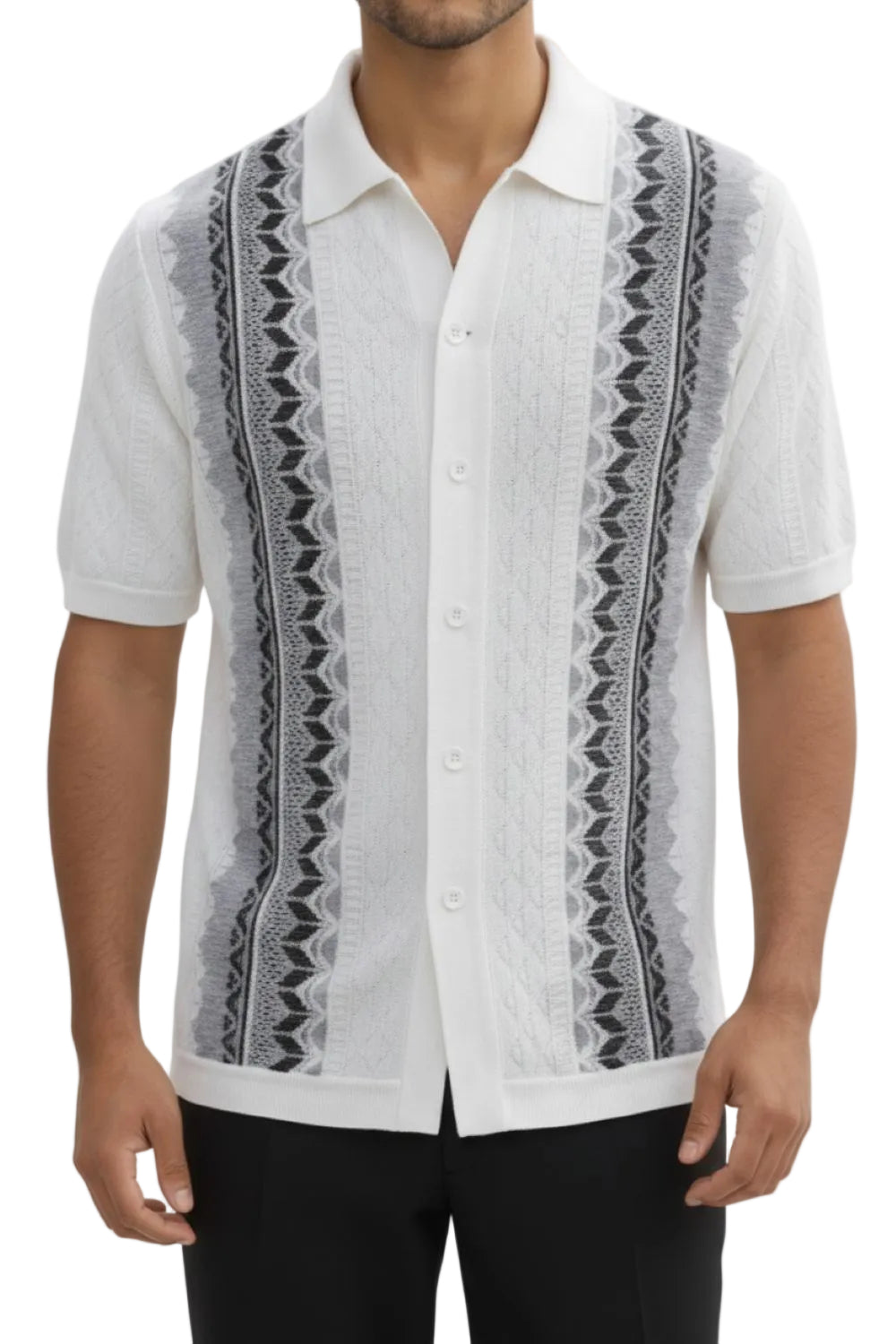Man wearing a white short-sleeve shirt with black geometric patterns on a white background