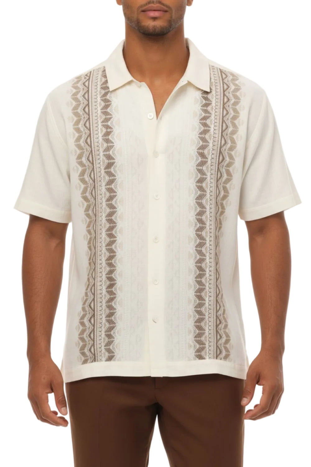 Man wearing a white short-sleeve shirt with intricate patterns on a white background