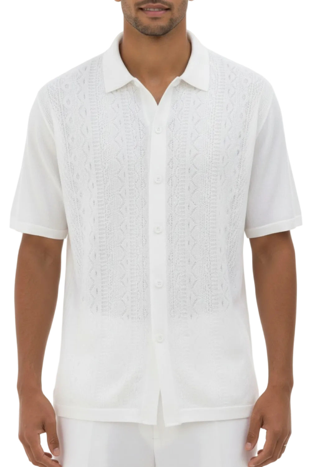 Man wearing a white textured short-sleeve shirt on a white background