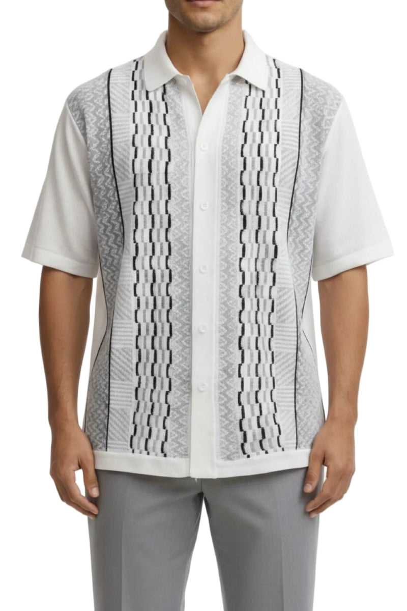 Man wearing a patterned vest over a white shirt with gray pants on a white background