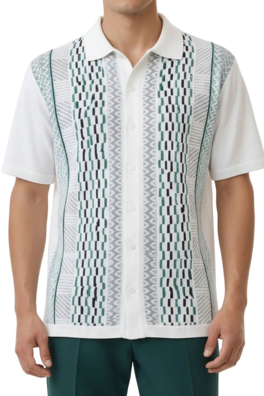 Man wearing a white polo shirt with a patterned vest over it on a white background