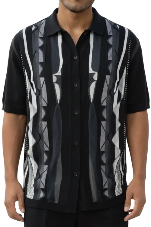 Black button-up shirt with geometric pattern on a white background