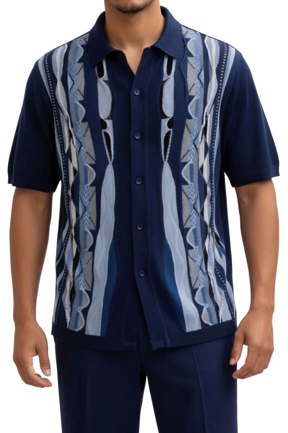 Man wearing a navy blue shirt with a geometric pattern on a white background