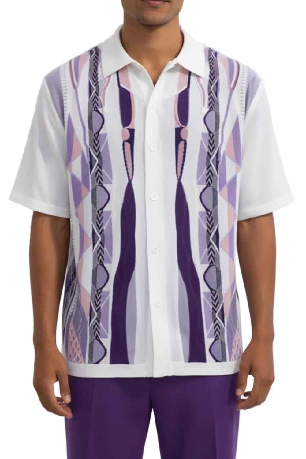 Man wearing a white shirt with a purple patterned vest on a white background