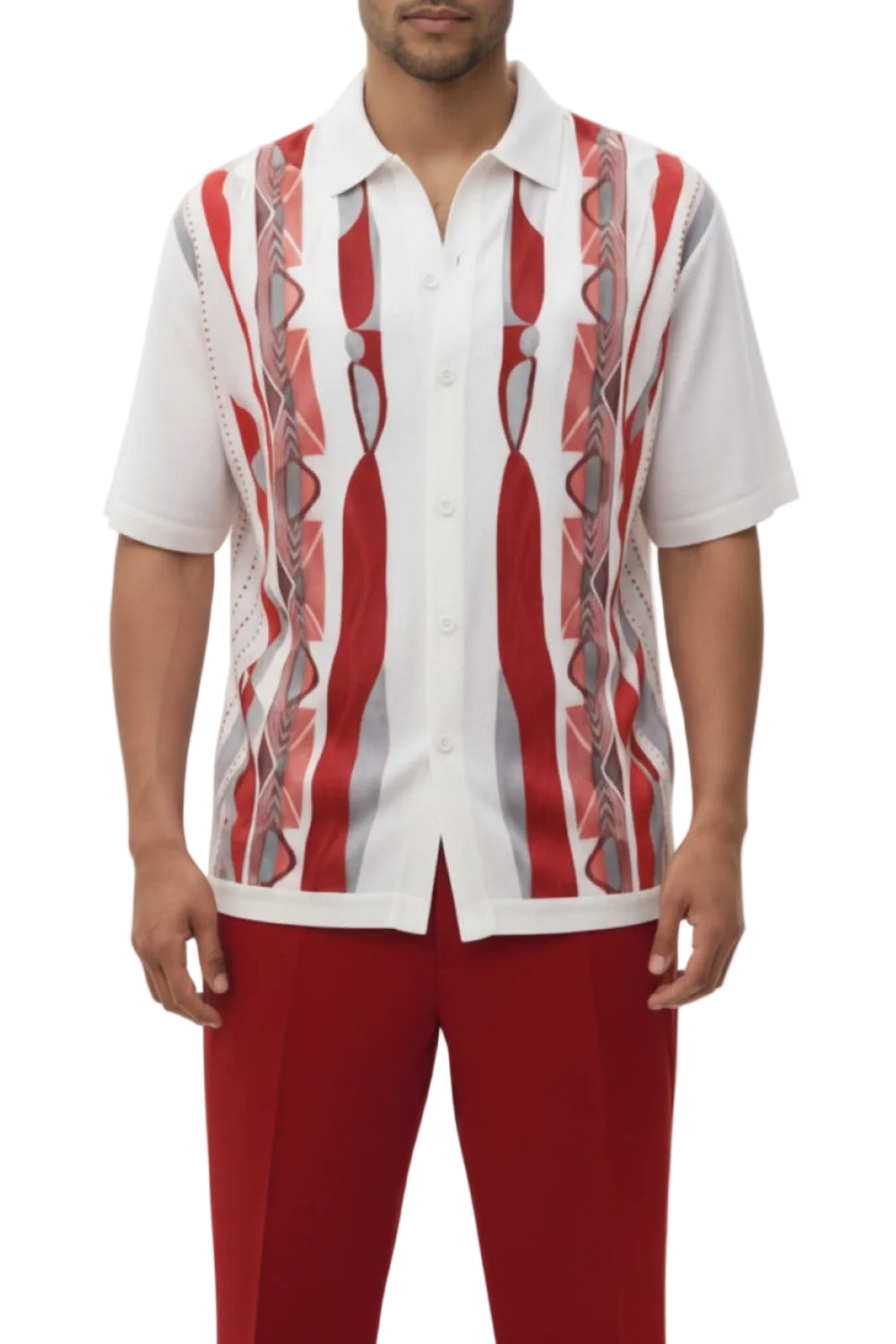 Man wearing a white shirt with red and gray patterned sleeves and red pants on a white background