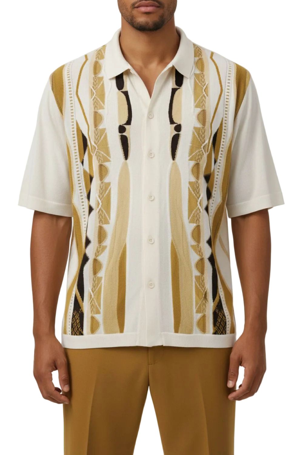 Man wearing a patterned shirt with a white background