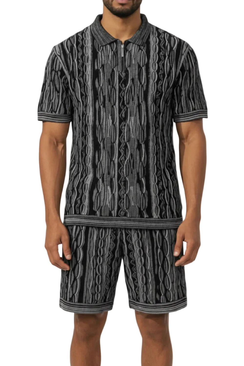 Stacy Adams - Black Wavy Striped Pattern Polo Short Set