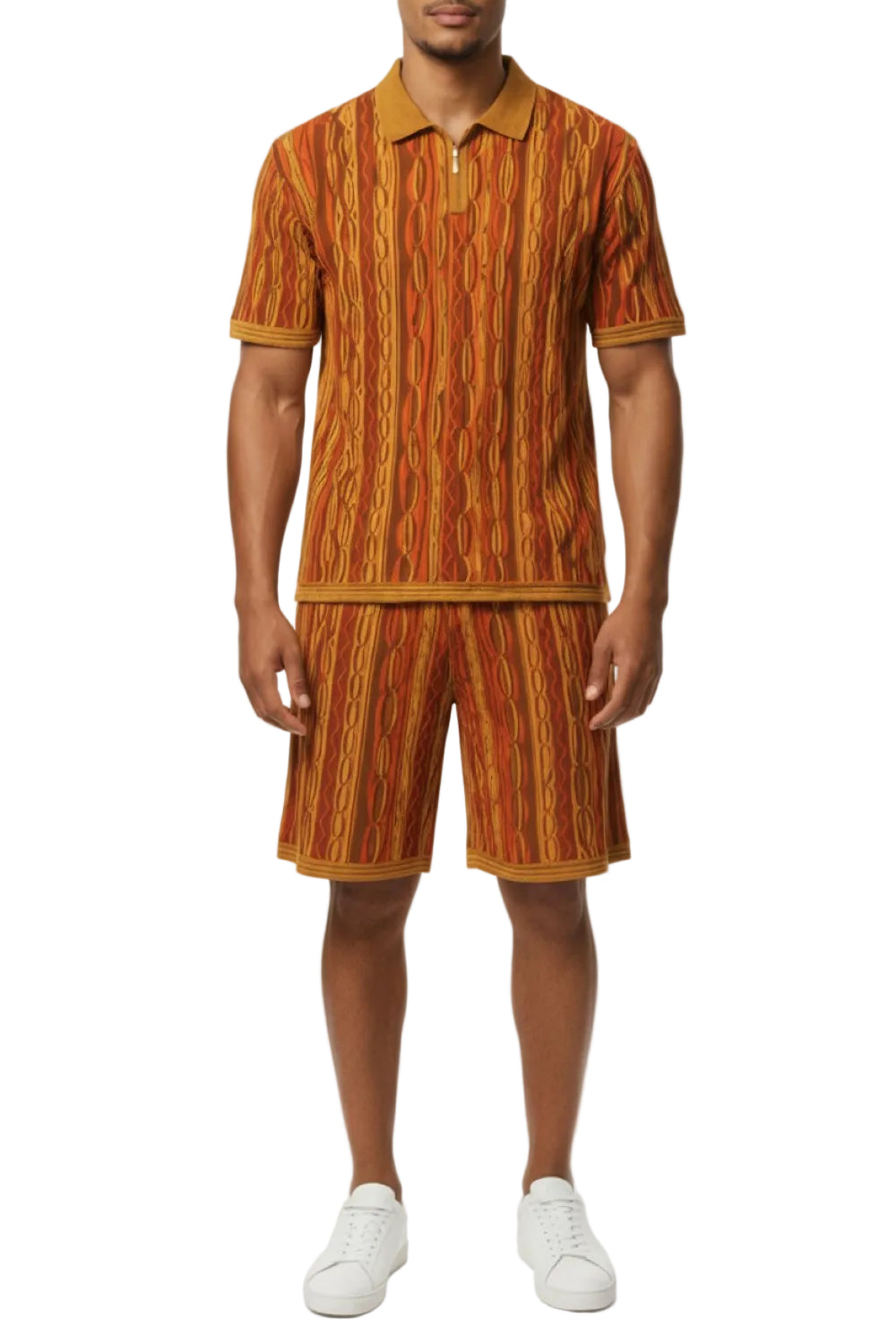 Man wearing a matching striped polo shirt and shorts set on a white background