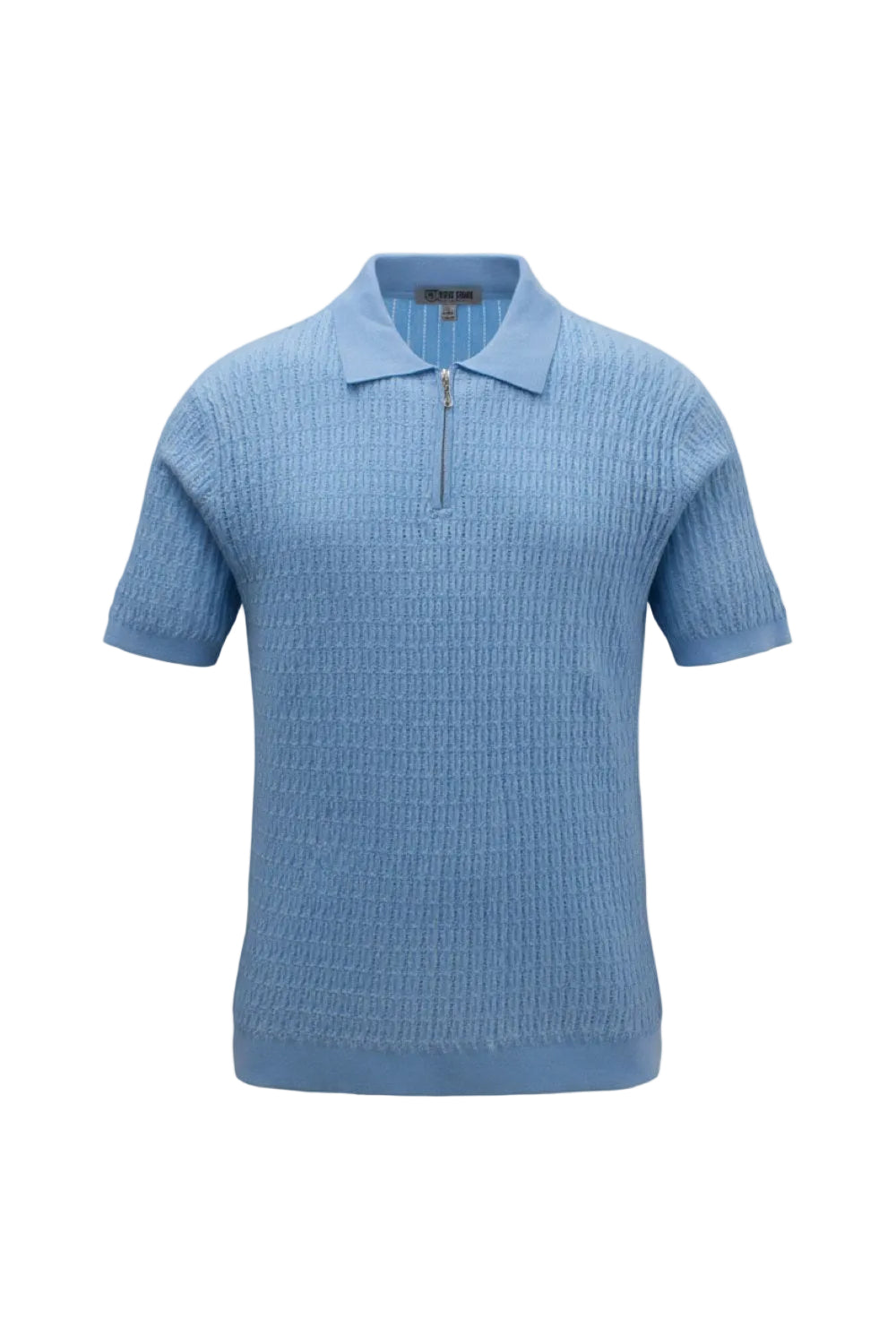 Blue short-sleeve knit shirt on a white background