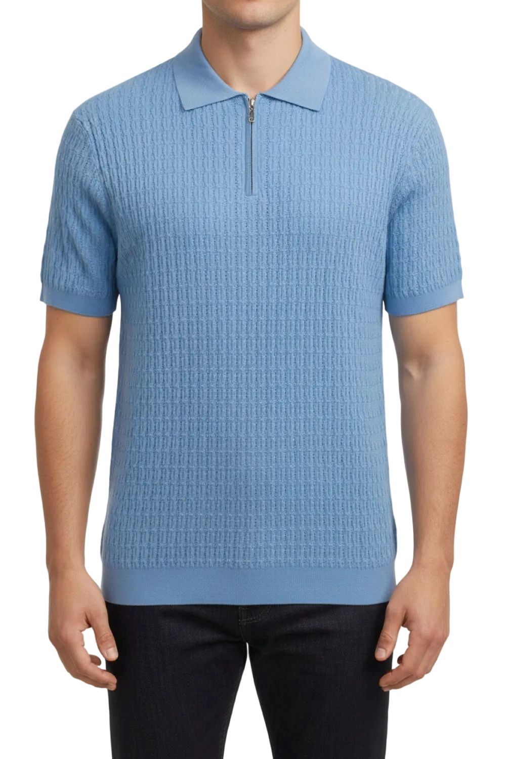 Stacy Adams - Blue Textured Ribbed Quarter Zip Polo
