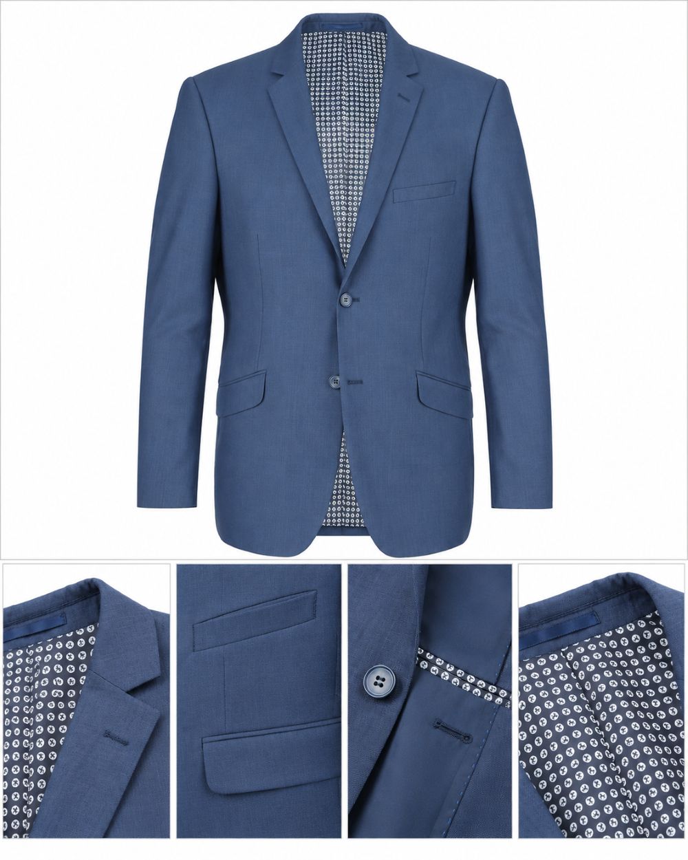 A blue men's blazer shown on a white background, with three close-up detail panels along the bottom highlighting the patterned lining, pocket flap, button, and lapel area.