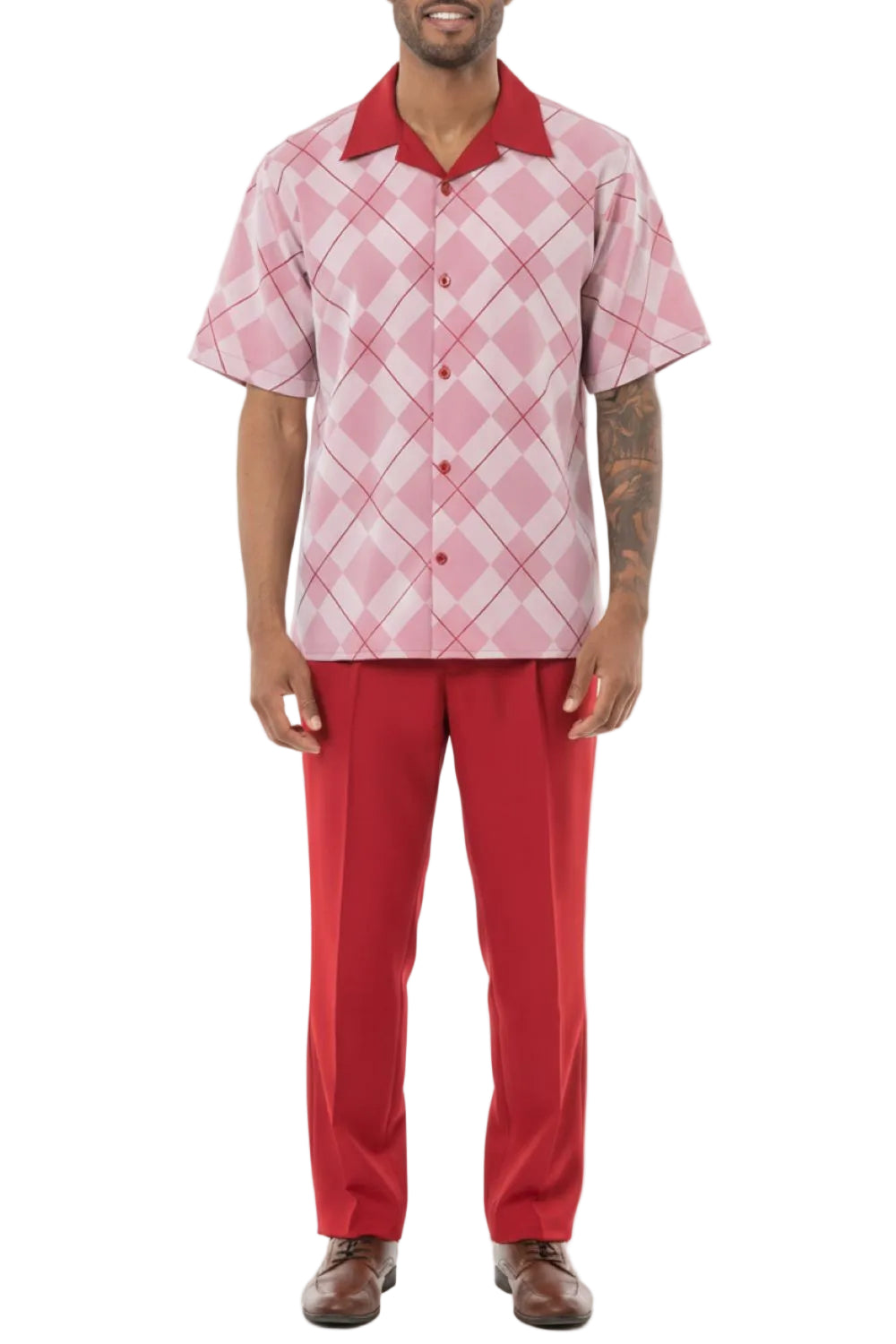 (M) Red 2 Piece Short Sleeve Men's Summer Walking Suit Argyle Pattern